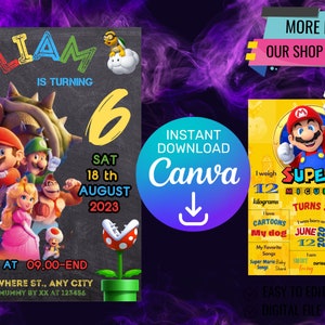 Super Mario Invitation Template - Editable in Canva - Personalized Birthday Party Invite - Printable Digital Download
