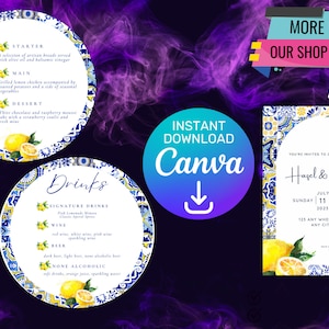 Mediterranean Italian Wedding Menu | Lemon Wedding Menu Template | Positano, Amalfi Coast | Canva | Instant Download