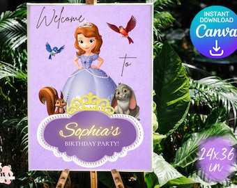 May include: Purple welcome sign with a cartoon princess, a squirrel, a bunny, and birds. The sign says "Welcome to Sophia's Birthday Party!" and is 24x36 inches.