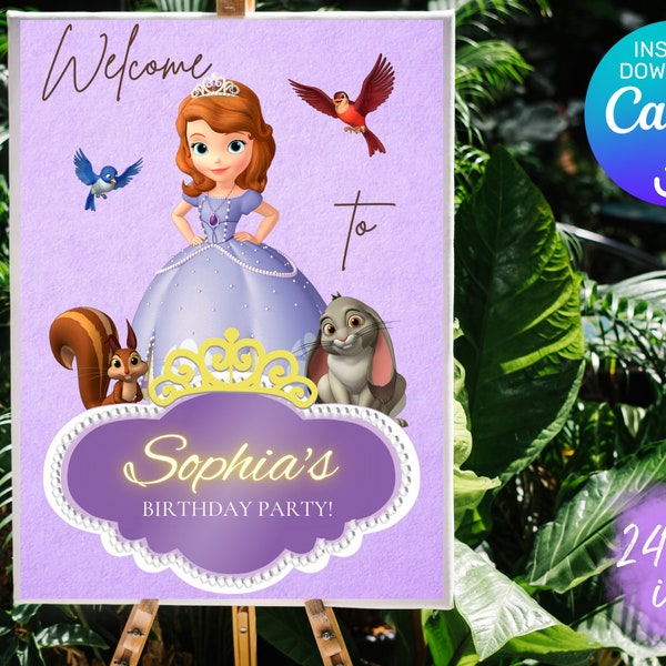 Sofia la première plaque de bienvenue | Modifiable sur Canvas | Décoration de fête d'anniversaire princesse | Imprimable personnalisable | Téléchargement instantané