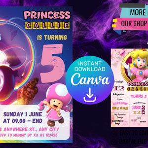 Princess Peach Super Mario Birthday Invitation: Customizable Digital Template on Canva