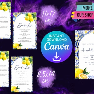 Mediterranean Italian Wedding Menu | Lemon Wedding Menu Template | Positano, Amalfi Coast | Canva | Instant Download