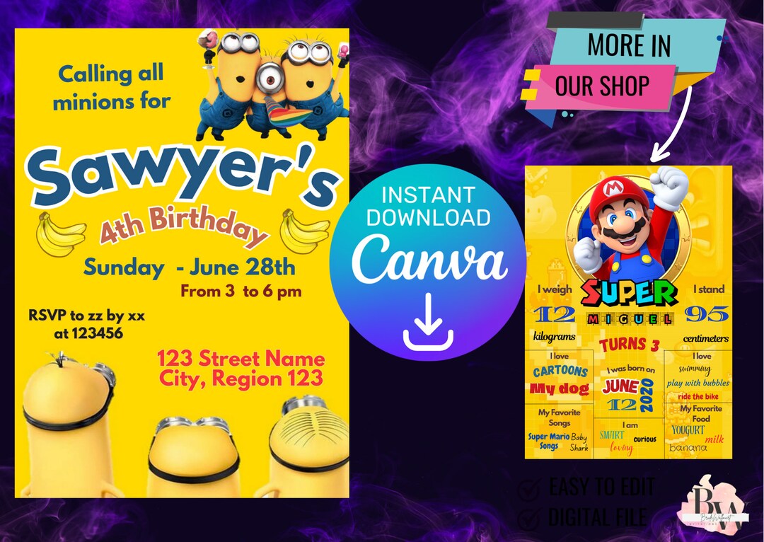 Minions Invitation Template Editable in Canva Personalized - Etsy