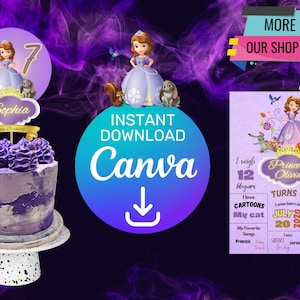 May include: Purple and gold birthday party printable with a picture of Princess Sofia. The printable includes a birthday banner, a cake topper, and a poster with details about the birthday girl. The poster includes the girl's name, age, weight, height, and favorite things. The poster also includes the date of the birthday. The printable is designed for use with Canva.