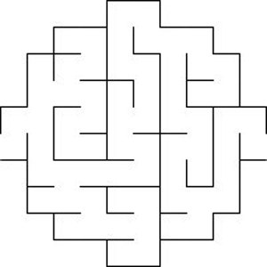 May include: A black and white maze with a square shape. The maze has a single entrance and exit.