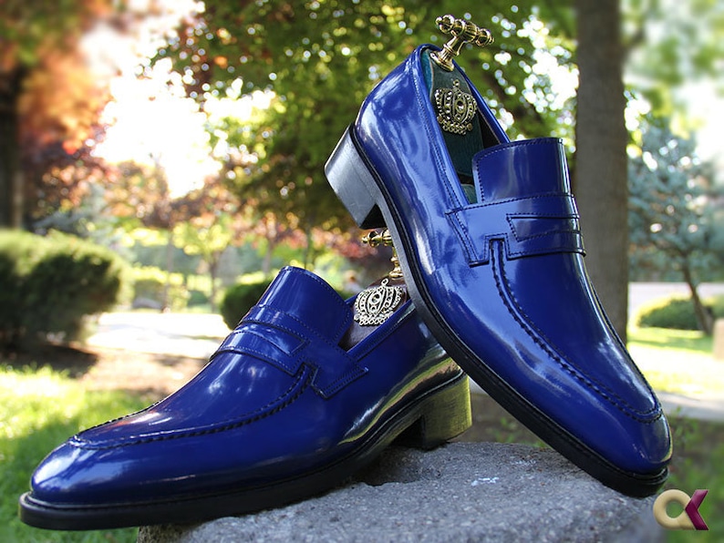Men Penny Loafer Shoes Men Wing Tip Shoes Blue Leather Etsy