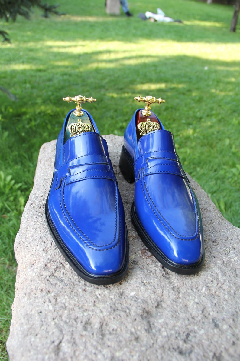 Men Penny Loafer Shoes Men Wing Tip Shoes Blue Leather Etsy