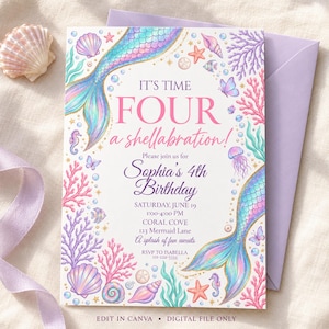 Puede incluir: Una tarjeta de invitación de cumpleaños rectangular con temática de sirenas, colas iridiscentes, coral rosa, conchas y criaturas marinas. El texto dice: IT'S TIME FOUR a shellabration! Sophia's 4th Birthday, Saturday, June 19, 1:00-4:00 PM, Coral Cove, 123 Mermaid Lane, A splash of fun awaits, RSVP to Isabella 111-222-3333.