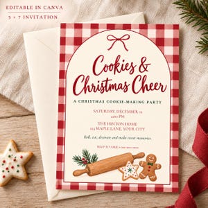 May include: A 5 x 7 inch rectangular invitation card featuring a red and white buffalo check border and an arched cream center. The text reads Cookies & Christmas Cheer, A Christmas Cookie-Making Party, with details for date, time, location, and RSVP. Illustrations include a wooden rolling pin, a star-shaped cookie, and a gingerbread person.