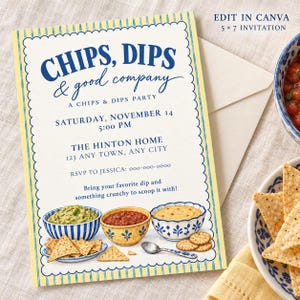 May include: A 5x7 invitation card with a yellow striped border and scalloped edge. The text reads: CHIPS, DIPS & good company, A CHIPS & DIPS PARTY, SATURDAY, NOVEMBER 14, 5:00 PM, THE HINTON HOME, 123 ANY TOWN, ANY CITY, RSVP TO JESSICA: 000-000-0000.