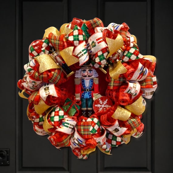Nutcracker Christmas Wreath, Red Plaid Holiday Door Decor, Front Door Wreath