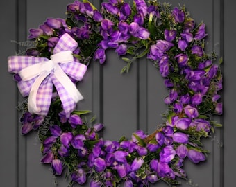 Purple Tulip Wreath for Front Door | Spring Grapevine Wreath with Gingham Bow
