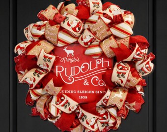 Corona navideña de Rodolfo el reno – Corona de cintas de Papá Noel y renos, decoración navideña roja para la puerta principal