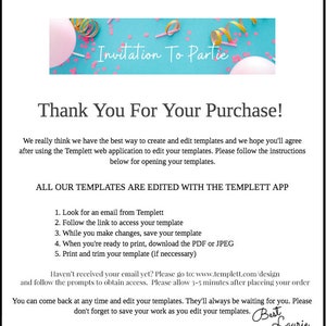May include: A blue and pink digital printable party invitation with the text "Invitation To Partie" and a thank you message for purchasing the template. The text also explains how to edit the template using the Templett app.