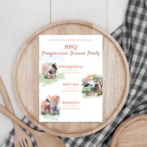 Könnte beinhalten: Eine Aquarell-Illustration einer Einladung zu einem progressiven BBQ-Dinner-Abendessen in der Nachbarschaft. Die Einladung enthält die Uhrzeit und den Ort für Getränke und Vorspeisen, Abendessen und Dessert. Die Illustration zeigt einen Grill, ein Haus und einen Tisch mit Stühlen.