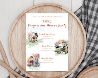BBQ Progressive Dinner Invitation, Progressive Dinner Invite, Summer Party Invitation,  Summer Neighborhood Party, Editable, Print at Home