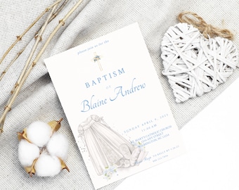 Baby Boy Baptisim Invitation Baby Blue Flowers Baptisim Gown Beautiful Watercolor Art Editable Downloadable Didgital