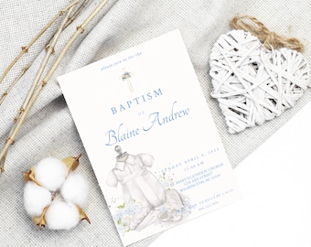 Baby Boy Baptisim Invitation Baby Blue Flowers Baptisim Shorts Beautiful Watercolor Art Editable Downloadable Didgital