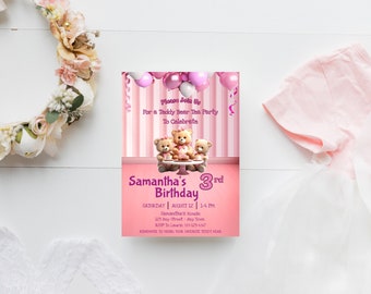 Teddy Bear Tea Party Birthday Invitation, Little Girl Tea Party, Little Girl Birthday, Teddy Bear Tea Party, Editable Downloadable Invite