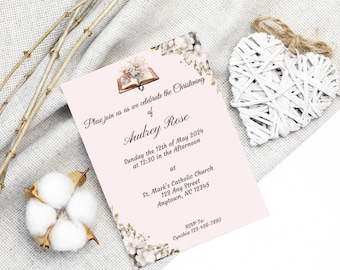 Baby Girl Christening Invitation, Baptism Invitation, Blush Pink Background, Beautiful Watercolor Art Editable, Downloadable, Didgital