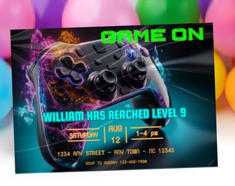 Video Game Birthday Invitation Printable Neon Glow Boy Gamer Party Invite Level Up Game On Digital Editable Instant Download Gamer Invite