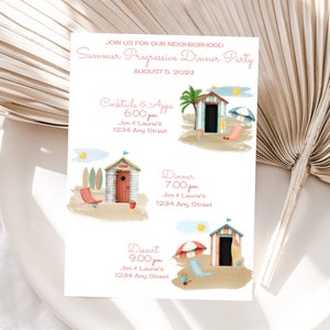 Peut inclure: Une invitation rose et blanche pour un dîner progressif d'été le 5 août 2023. L'invitation présente des illustrations de maisons de plage et de parasols de plage. Le texte indique "JOIN US FOR OUR NEIGHBORHOOD Summer Progressive Dinner Party AUGUST 5, 2023" et liste les heures pour les cocktails, le dîner et le dessert.