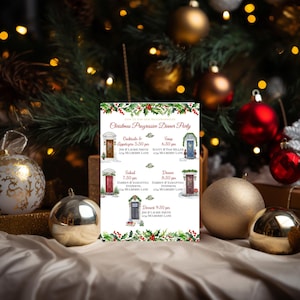 May include: A festive Christmas Progressive Dinner Party invitation. The invitation features watercolor illustrations of doors, each representing a course. The text includes the party details: cocktails, soup, salad, dinner, and dessert, with times and addresses.