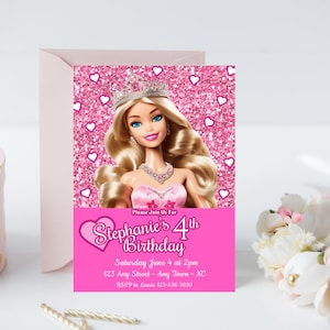 Fashion Doll Invitation Birthday Doll Invite Pink Glitter Birthday Invitation Editable Girl&#39;s Birthday Invitation Princess Doll Birthday