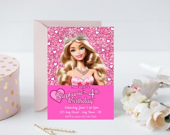 Fashion Doll Invitation Birthday Doll Invite Pink Glitter Birthday Invitation Editable Girl's Birthday Invitation Princess Doll Birthday