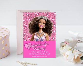 Fashion Doll Invitation Birthday Doll Invite Pink Glitter Birthday Invitation Editable Girl's Birthday Invitation Doll Birthday Downloadable