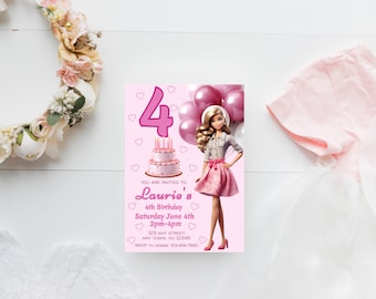 Girl's Birthday Invitation Pink Doll Birthday Invitation Fashion Doll Invite  Birthday Invitation Princess Birthday Editable Downloadable