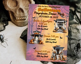 Halloween Progressive Dinner, Party-Einladung, Housewarming-Party, Halloween-Dinner-Einladung, bearbeitbare Vorlage, heute im Browser drucken drucken