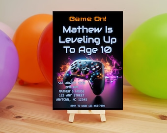 Video Game Birthday Invitation Printable Neon Glow Boy Gamer Party Invite Level Up Game On Digital Editable Instant Download Gamer Invite