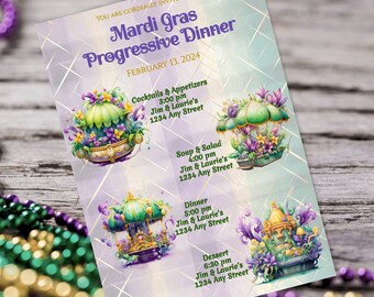 Mardi Gras Progressive Dinner, Dinner Party, Housewarming Party, Progressive Dinner Invite, Editable Template, Downloadable Template