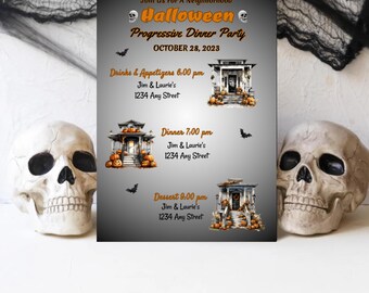 Halloween Progressive Dinner, Party-Einladung, Housewarming-Party, Halloween-Dinner-Einladung, bearbeitbare Vorlage, heute im Browser drucken drucken