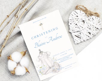Baby Boy Christening Invitation Baby Blue Flowers Christening Shorts Beautiful Watercolor Art Editable Downloadable Didgital