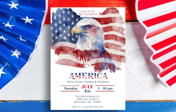 Celebration America Party Invitation, 4th Of July Party Invitation, Editable Invitation, Downloadable Invitation, Red White Blue Bald Eagle