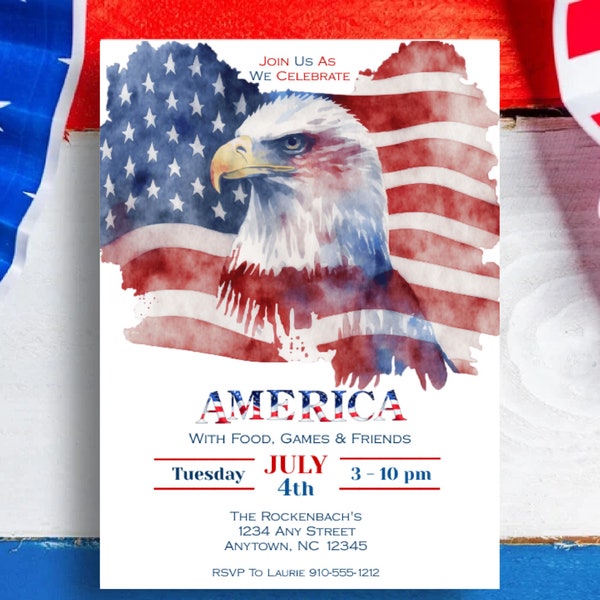 Invitación a la fiesta Celebration America, invitación a la fiesta del 4 de julio, invitación editable, invitación descargable, águila calva azul blanca roja