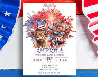 Celebration America Party Invitation, 4th Of July Party Invitation, Editable Invitation, Downloadable Invitation, Red White Blue Highlnd Cow