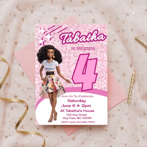 Birthday Doll Invite Fashion Doll Invitation Pink Glitter Birthday Invitation Editable Girl's Birthday Invitation Doll Birthday Downloadable