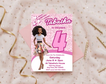 Birthday Doll Invite Fashion Doll Invitation Pink Glitter Birthday Invitation Editable Girl's Birthday Invitation Doll Birthday Downloadable