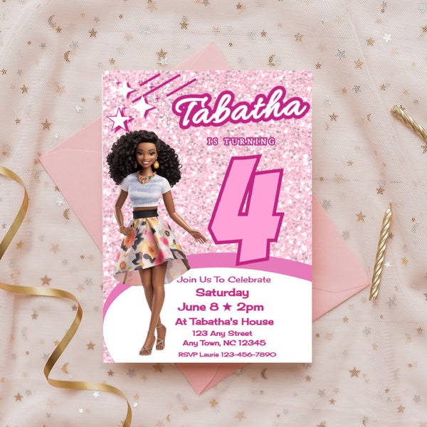 Birthday Doll Invite Fashion Doll Invitation Pink Glitter Birthday Invitation Editable Girl's Birthday Invitation Doll Birthday Downloadable