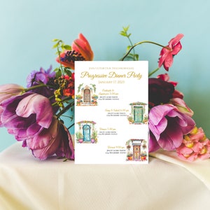 May include: An invitation to a neighbourhood progressive dinner party on 17 January 2023. The invitation features a watercolour illustration of four doors with floral accents. The text includes the time and location for each course of the meal.