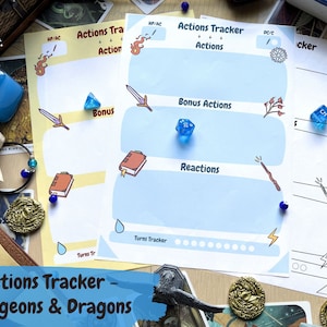 May include: A printable Dungeons & Dragons action tracker sheet with blue and yellow sections. The sheet has spaces for actions, bonus actions, reactions, and a turn tracker. The sheet is designed to help players keep track of their actions during a game.