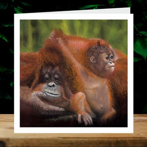 Orang-outan, mère et bébé, 5x cartes de charité artistiques, au profit d’Explorers Against Extinction.  Cartes carrées de 6 » avec enveloppes