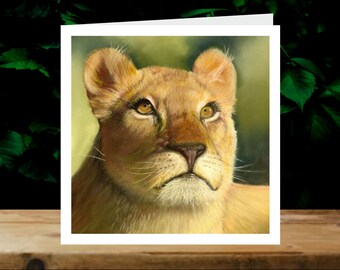 Lioness, 5x Art Charity Cards, in aid of Explorers Against Extinction.  6" square cards with envelopes