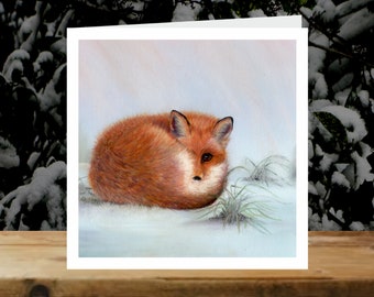 Fox 'Wrapped up warm', 5x Christmas Art Charity Cards, in aid of Explorers Against Extinction.  6" square cards with envelopes