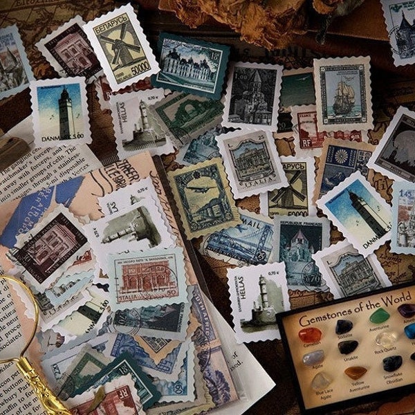 46 autocollants de timbre-poste vintage | Scrapbooking, journal, agenda et album photo | Plantes, espace et sites touristiques