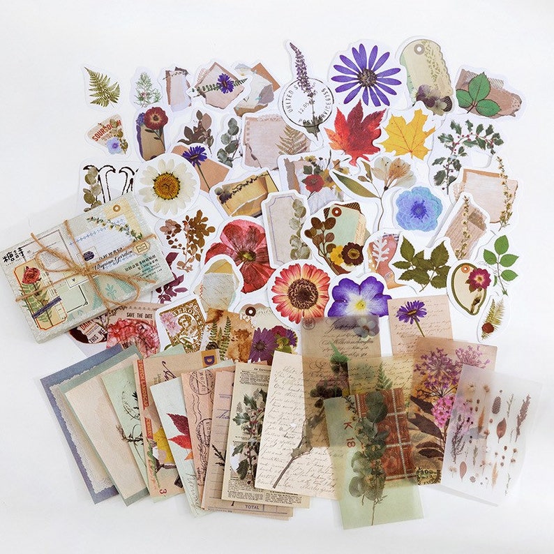 60x Sticker & Dekopapier für Journal, Scrapbooking, Tagebuch, Fotoalbum und Karten Blumenwelt