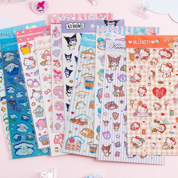 Kawaii Sanrio Sticker Sheets | Hot Stamping Aufkleber | Hello Kitty, Cinnamoroll, Kuromi, Little Twin Stars | Dekorative Sticker für Bujo